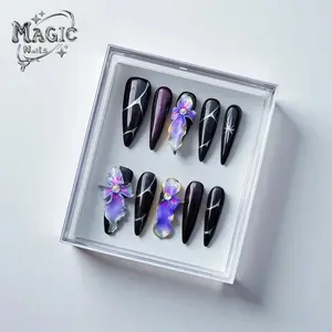 Magic Nails Art 2026 New Years Gift Salon Quality Long Stiletto Shape Handmade Nail Set 3D Acrylic Almond Reusable Press-On Midnight Galaxy Purple Luxury Floral Easy Apply for Everyday Office Wear
