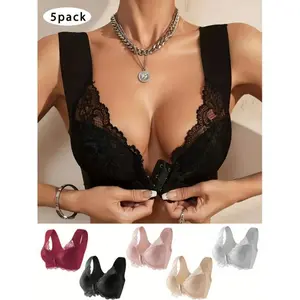 Wireless Push-Up 5pcs Elegant Lace Bralettes - Front Closure for Comfort & Support