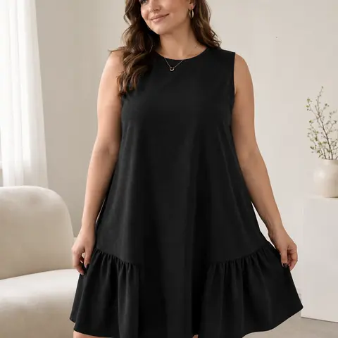 Women's Plus Size Essential Minimalist Black Sleeveless Polyester Comfortable Fabric Basic Casual Dress - Round Neck, Lightweight, Breathable, Relaxed Fit, Street Style, 4XL, Summer Beach Piece for Curvy Women