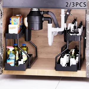 Under-sink storage basket, double-deck sliding cabinet storage drawer, kitchen accessories, kitchen storage organizer, multifunctional bathroom storage basket, under-sink storage rack with 8 hooks and 2 hanging baskets.