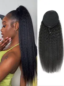 8-30 Inch Human Hair Glueless Kinky Straight Ponytails Drawstring Extension Kinky Straight Hair Clip in PonyTail Afro Human Hair Extensions for Women