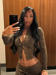 Women's Sexy Leopard Print Cardigan Set, Button Front Long Sleeve Crop Top & Elastic Waist Pants, Autumn Winter Fashion