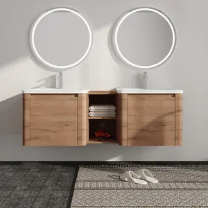 60 Inch Wall-Mounted Vanity with Ceramic Sink, Modern Soft-Close Bathroom Cabinet Combo, Bath Floating Storage Vanity Double Sink Set