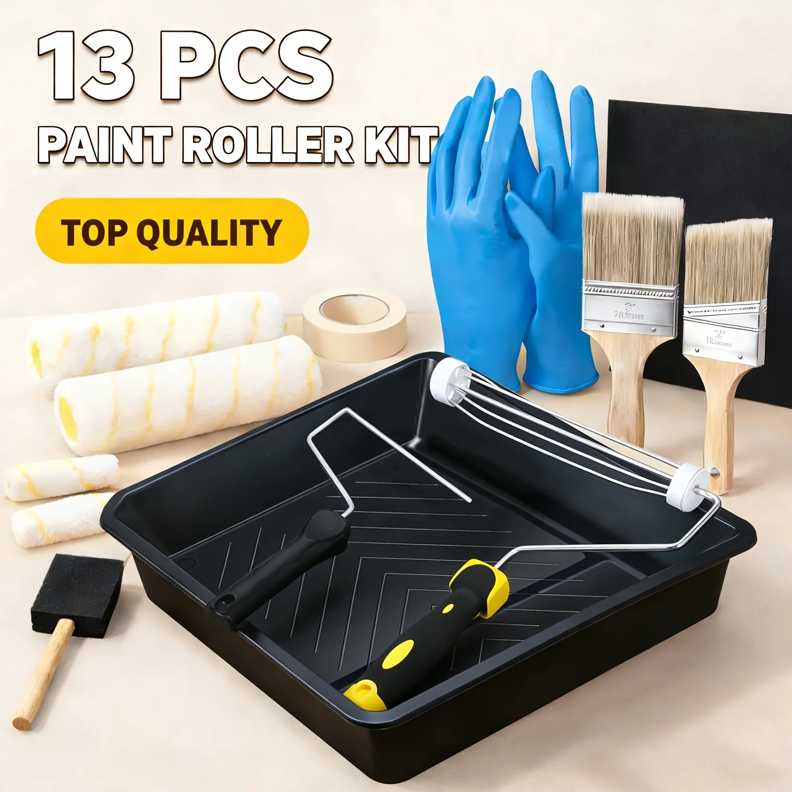 13pcs House Painting Set, Painting Tools, Interior, ExteriorPaint Rollers, with 4" & 9" Rollers, Brushes & Tray, for Painting House Wall Cabinet, Wall, Ceiling