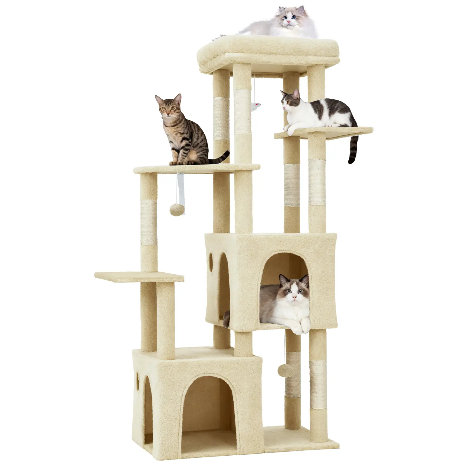 61" Multi-Level Cat Tree for Large Cats & Maine Coons – Heavy-Duty Cat Tower with Extra-Large Perch, 2 Spacious Condos, Durable Natural Sisal Scratching Posts, Hanging Toys, Stable Jumbo Platform – Modern Indoor Playground, Green/Beige/Pink
