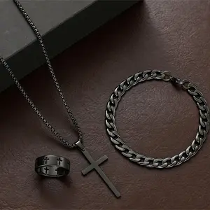 Vintage Minimalist Cross Jewelry Set 3-Piece Stainless Steel Necklace Bracelet & Ring Combo Unisex Everyday Accessory for Gifting and Daily Wear