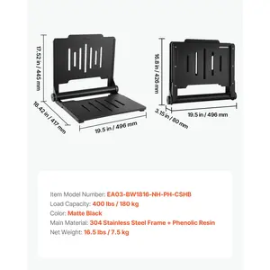 VEVOR Foldable Shower Seat Wall Mounted, 17.8 Folding Shower Bench with Supportive Backrest, Plastic Fold-Down Bathroom Corridor Seat with Stainless Steel Frame for Adults Seniors, 400LBS Loading