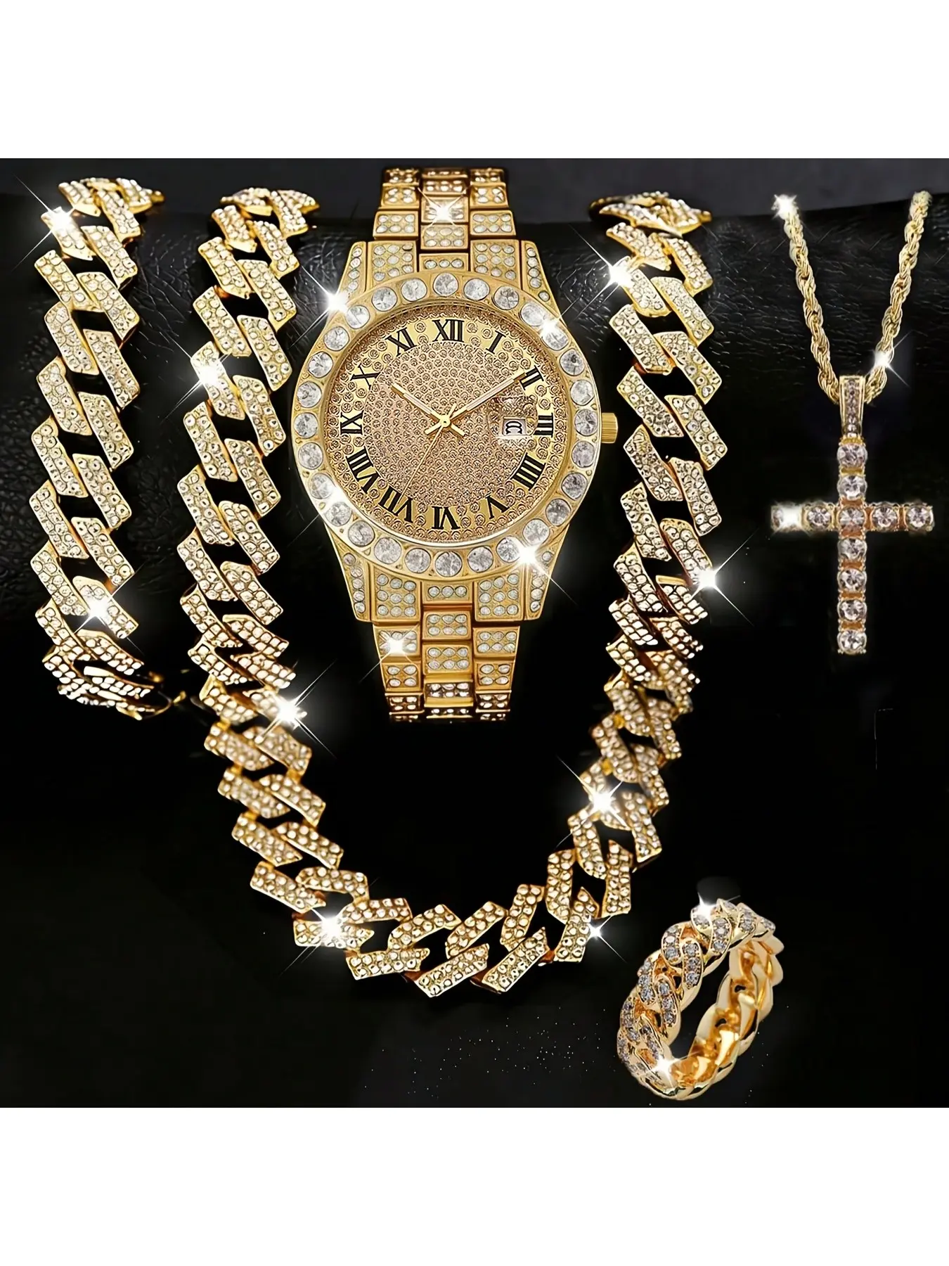 Men's Quartz Watch, Watch Set, Trendy Watch Set, Paired with a Hip-hop Cuban Link Bracelet, Necklace, and Ring, Featuring Hip-hop and Streetwear Vibes, Perfect Holiday Gift for Him, Fashion Jewelry Set