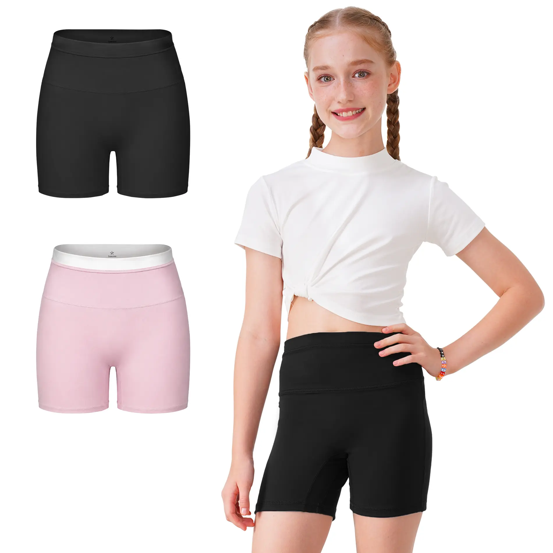 Sascina Girls Athletic Bike Shorts Ages 7–12, High-Waisted, 5-Inch Inseam | Soft Stretch Breathable Fabric, Double-Layer Waistband, Tag-Free, Perfect for Dance, Gymnastics, Yoga and Everyday Activities [K6101]