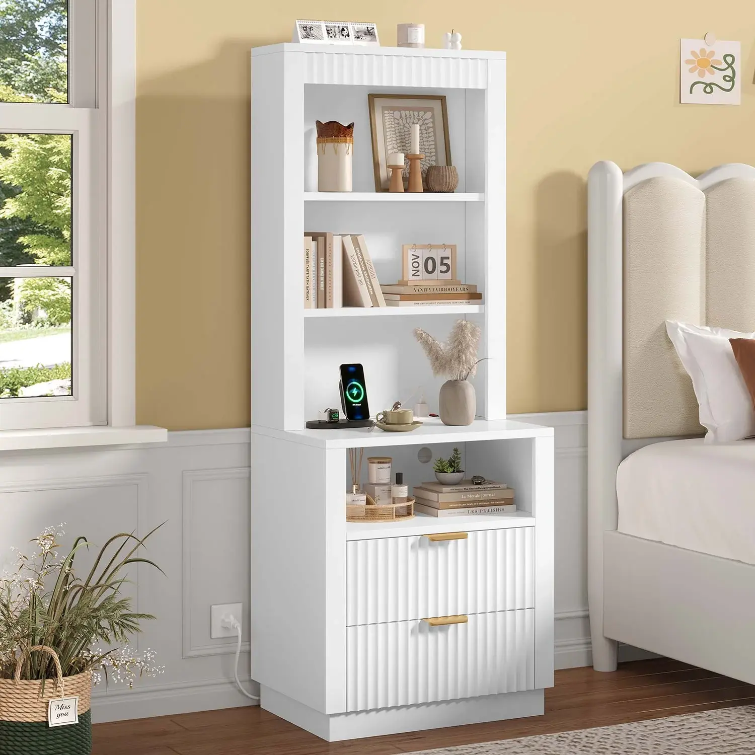 SIKAIC White Fluted Tall Nightstand with Charging Station, LED Bedside Table with Storage Drawer and Cabinet for Bedroom