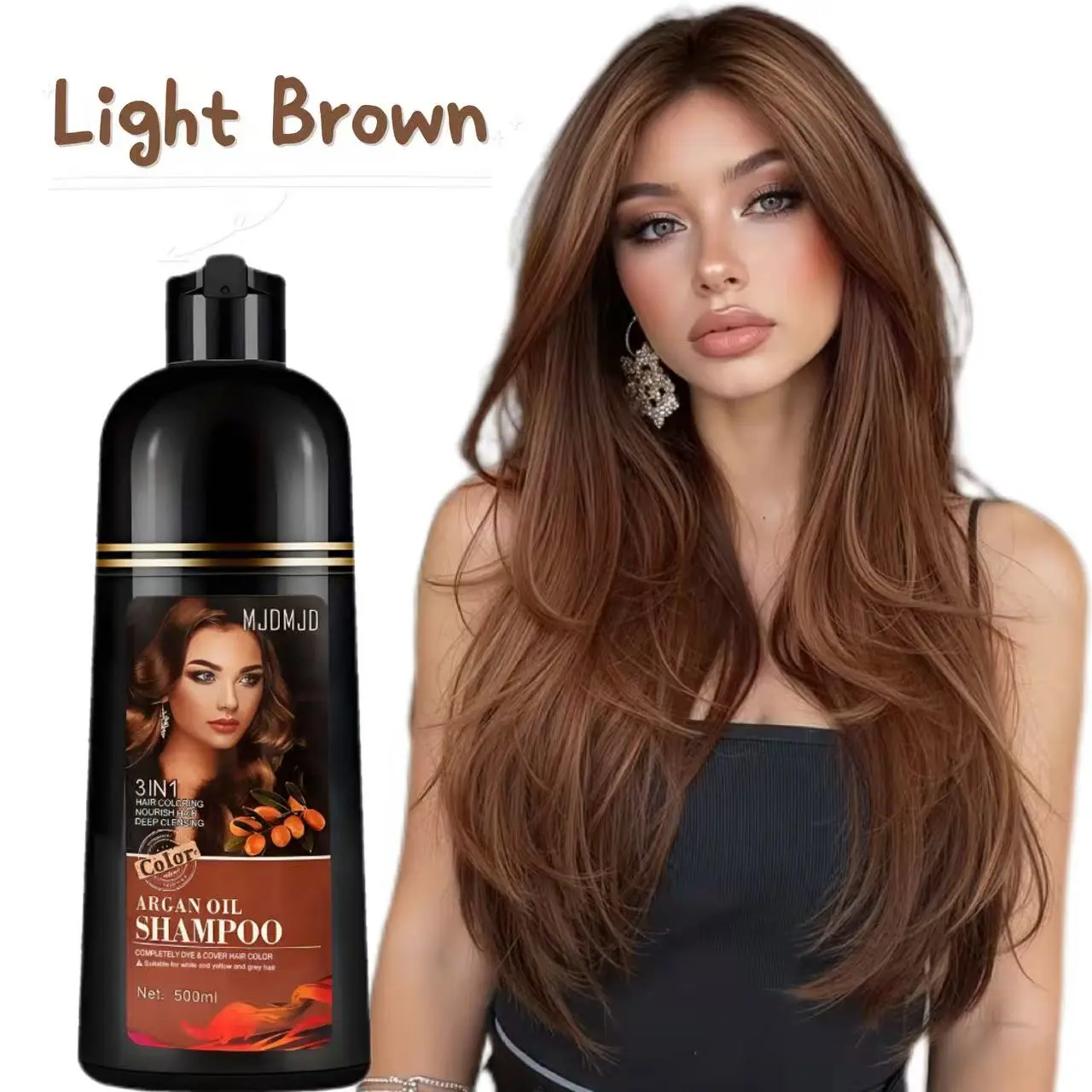 Light Brown 3-in-1 Hair Color Shampoo for Gray Coverage, Quick & Long-Lasting Magic Dye with Argan Oil , Easy-to-Use, Nourishing Hair Treatment, 500ml