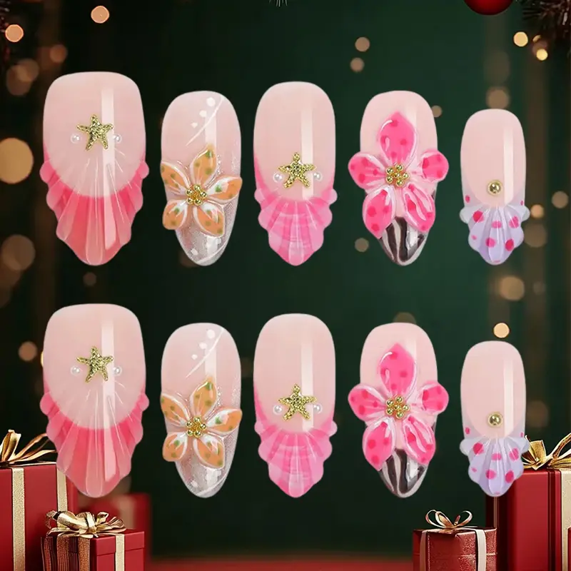Handmade kawaii false nail set, Y2K Sweet Festive xmas holiday Press-On Nails with 3D Flower Petals, Pearl Starfish Charms, Pink Shell Carving, red french Tip Accent, reusable luxury toolkit-Ready Stylish Nail Kit for holiday vibe Looks - NailGalaxy