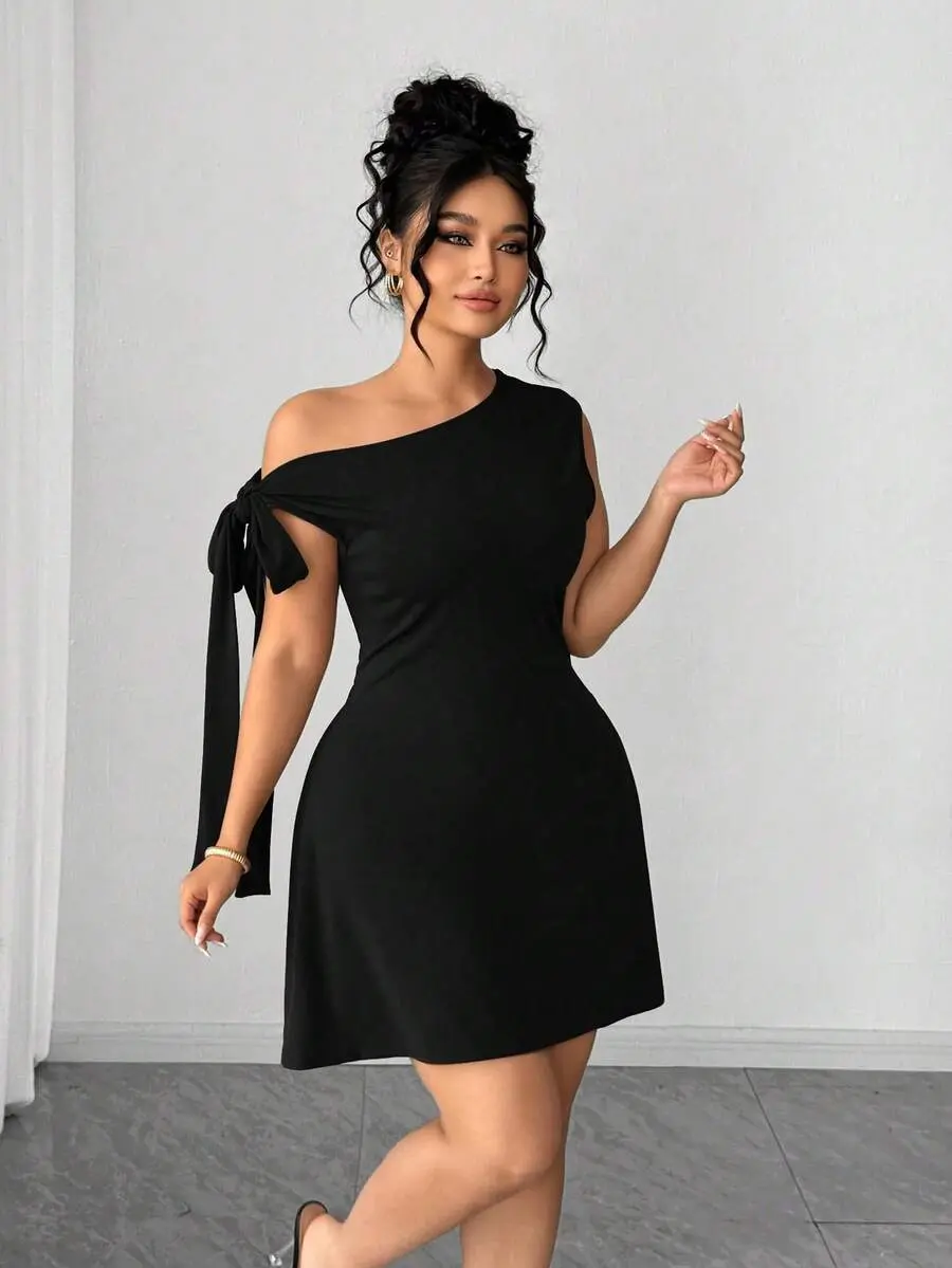 KymLuxe Plus Size Solid Color Asymmetrical Shoulder Short Dress SHEIN Elenzya Elegant Summer Dress