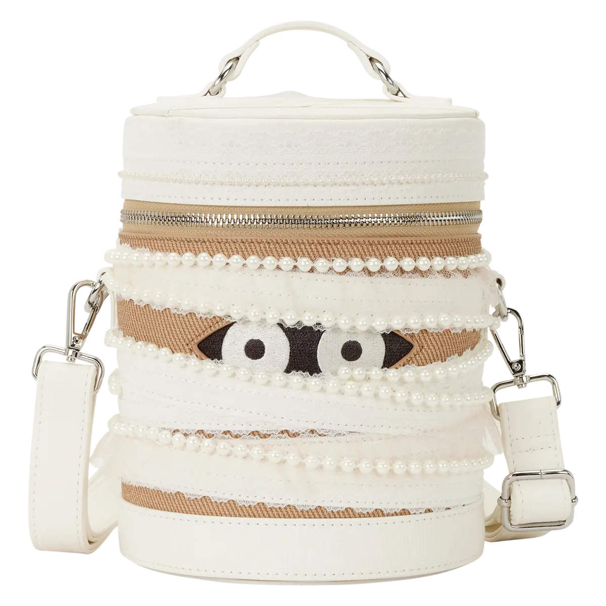 Loungefly Mummy Figural Stylish Crossbody Bag with Faux Leather, Tulle and Crochet Wrap, Embroidered Eyes and Glitter Accents