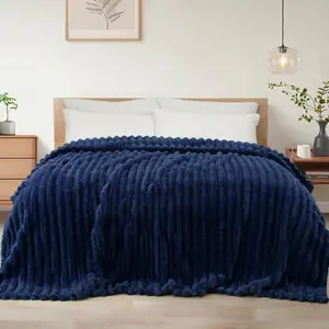 Queen Size Flannel Fleece Blanket, Super Soft Striped Jacquard Bed Blanket, Lightweight Fuzzy Cozy for All Seasons, 90x90 Inches, Navy Blue