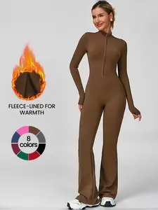 Women's Fall-Winter Fleece-Lined Elastic Warm Stand-Collar Zipper Sports Overalls, Thin Velvet Skin-Friendly Fabric, Slim-Fit Flared Bell-Bottoms Jumpsuit