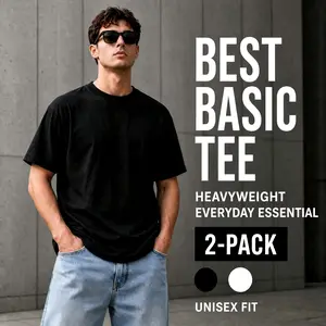 Men's 2-Pack 100% Combed Cotton T-Shirts (Black & White), 180g Natural Jet Fabric Short-Sleeve Round Neck Casual Tees, Breathable Summer Basics, Precision Stitching, Shape-Retention, Durable Unisex Regular & Oversized Fits, Tshirt