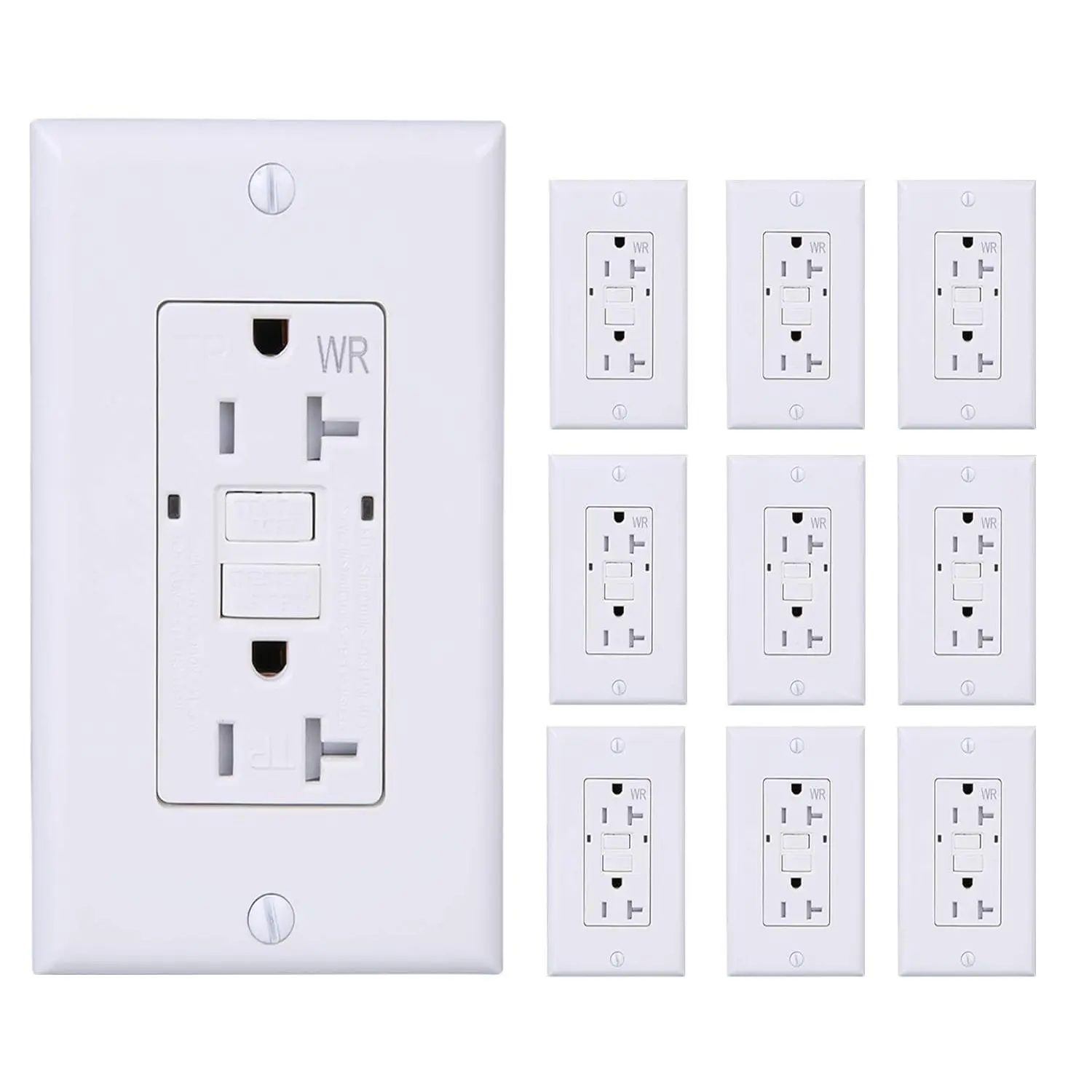 [10 Pack]  20Amp 125V GFCI Duplex Self-Test Receptacle Outlet, Tamper Resistant, Weather Resistant, UL listed, 2 LED  Lights, End-of-Life , Indoor and Outdoor Outlets, White
