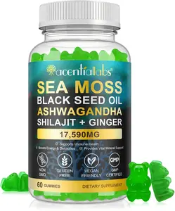 Acentiallabs Sea Moss Gummies, Sea Moss 3000mg, Bladderwrack 2000mg, Ashwagandha 800mg, Burdock Root 400mg, Energy, Immune Support, 60 Vegan Gummies