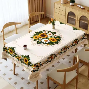 Rectangular Tablecloth with Sunflower & Daisy Pattern, Golden Borders, Cream - Colored, Polyester Material, Multiple Specifications Available, Multi - Color, Easy to Clean, Suitable for Daily Use, Festivals, Anniversaries, Cozy Dining Area Decor