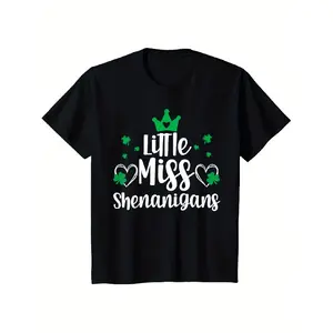 Little Miss Shenanigans St. Patrick'S Day T-Shirt for Girls & Women - Funny Graphic Tee with Crown & Hearts Design, 100% Cotton 180gsm, Regular Fit Short Sleeve, Sizes S-XXXL, Black, Casual Streetwear Style, Festive Clothing |   Playful Design |   Cotton