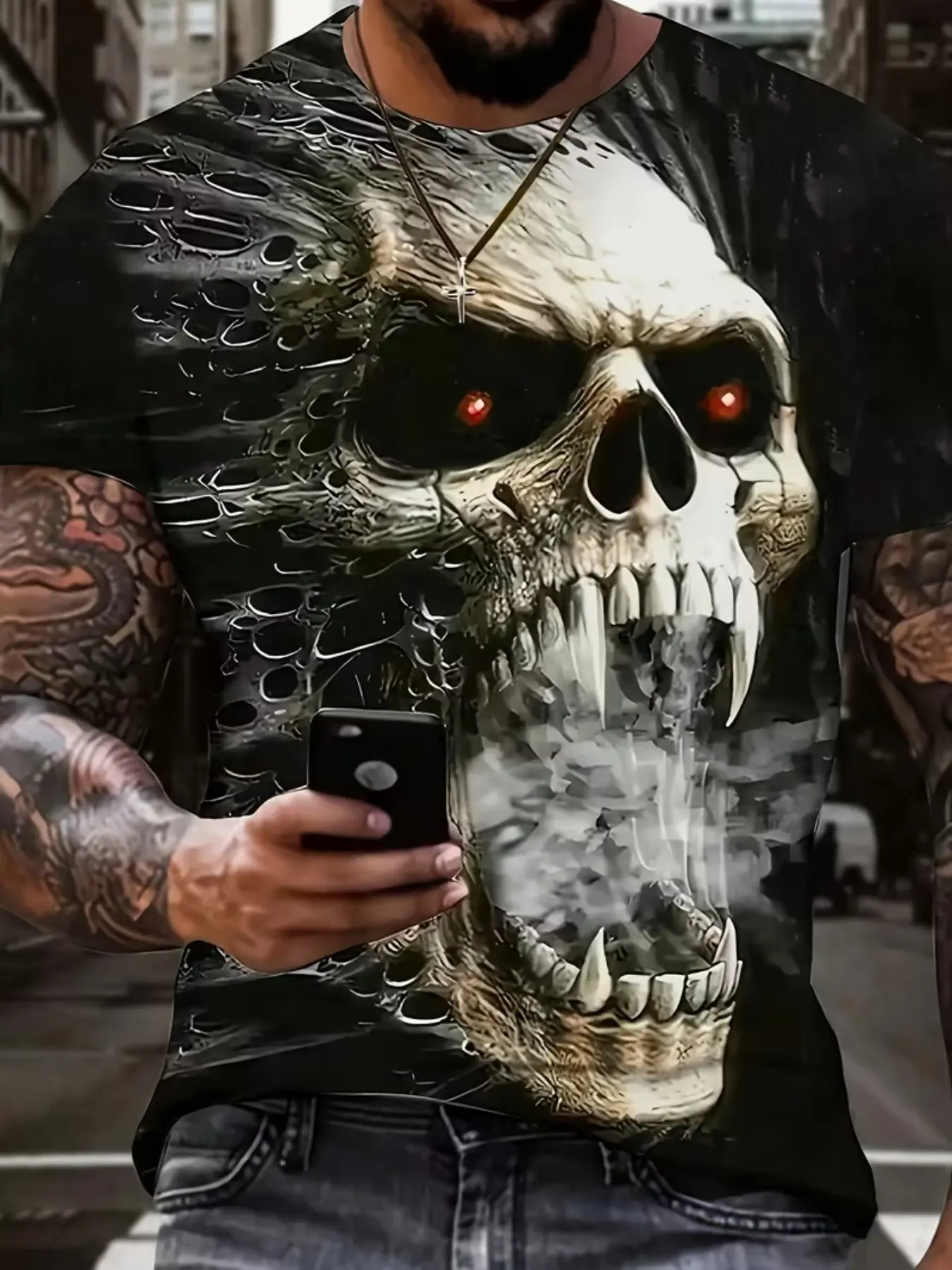 Men's Casual Short Sleeve Round Neck T-Shirt Top, Horror Skull Design, Fitted All-Over Print Streetwear, Perfect for All Seasons, Menswear