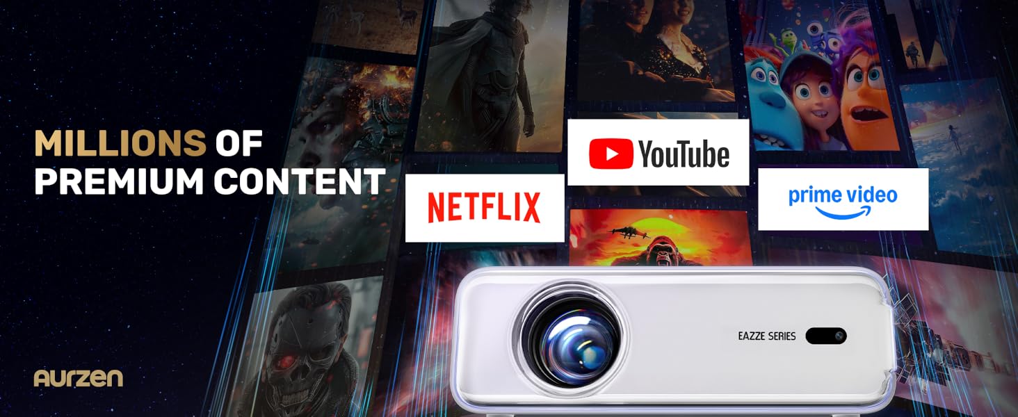 Aurzen EAZZE D1 Smart Projector - Native 1080P, 200 Lumens LCD Panel, WiFi, Bluetooth, Built-in APP, Auto Focus/Keystone, 16W Dolby Audio Speakers, HDR10, USB, Multi-Mounts, Portable Mini Home & Outdoor Movie Projector