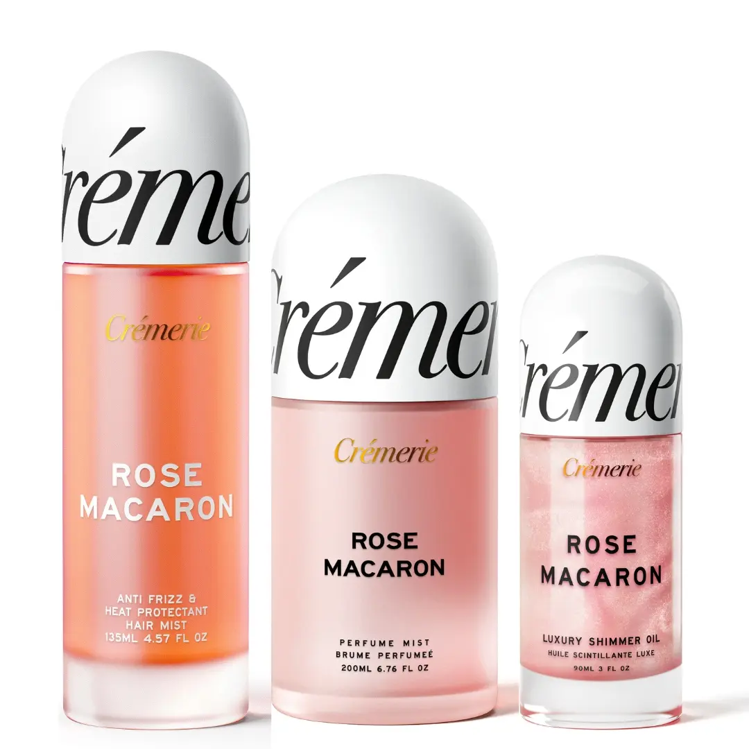 Cremerie Rose Macaron 3pc Scent Layering Set | Rose Macaron Hair Mist + Perfume Mist + Hydrating Body Oil | Floral and Gourmand Layering Routine