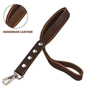 handmade Short Leather Dog Leash 20 Inch Soft Handle brown Leather Dog Short Leash for Extra Large Large Dogs Walking and Training