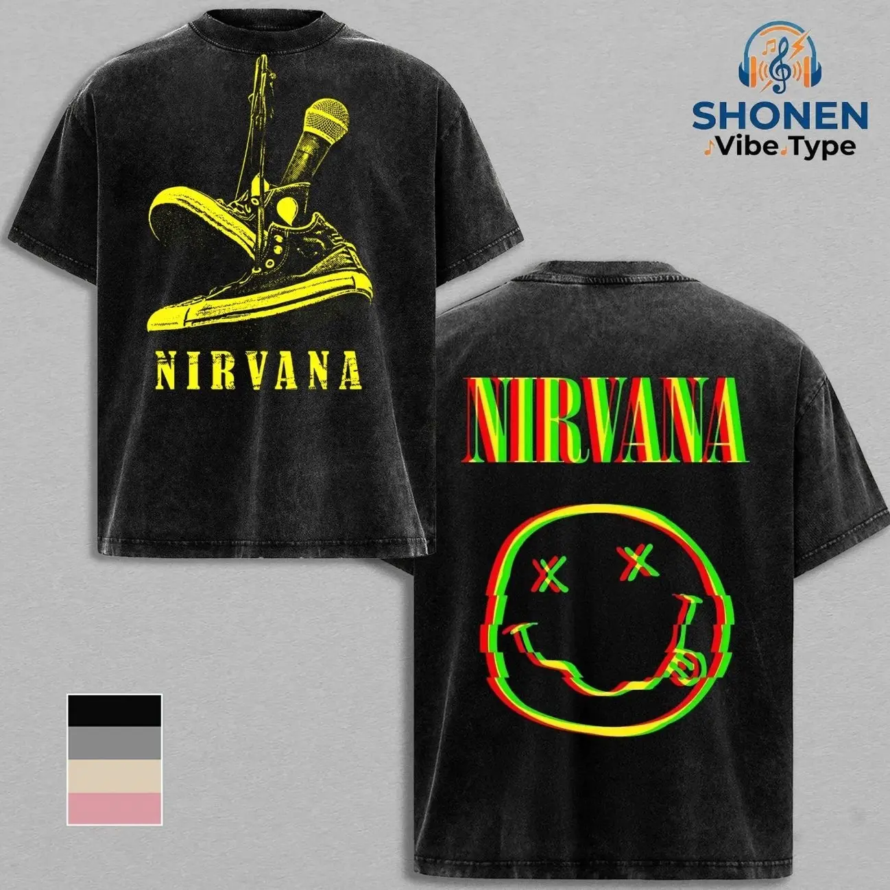 Nirvana Glitch Smiley Face Vintage Acid Wash Tee & Hoodie, Oversized Heavyweight Pullover Sweatshirt, 90s Grunge Rock Band Merch, Streetwear for Men, Retro Alternative Music, Gift For Fan 1B7