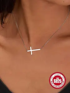 S925 Sterling Silver Simple Cross Pendant Necklace for Women, Fashion Jewelry for Party, Daily Clothing Decor, Trendy All-match & Exquisite Jewelry for Birthday Gift, Trendy Charms Necklace
