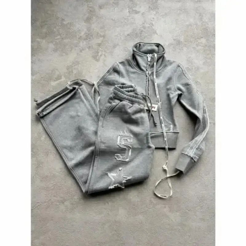 2025Sports suit Gothic Womens Zipper Sweatshirt Pants Two Piece Set Y2K Harajuku Letter Patchwork Embroidery Vintage Oversized Jacket Pants Set 2025Sports suit Gothic Womens Zipper Sweatshirt Pants Two Piece Set Y2K Harajuku Letter Patchwork Embroidery Vintage Oversized Jacket Pants Set