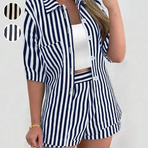 Two-piece Set Women's Striped Print Button Up Shirt & Shorts, Casual Collared Top & Shorts, Ladies Two-piece Outfits for Summer, Shorts Matching Sets, Womenswear