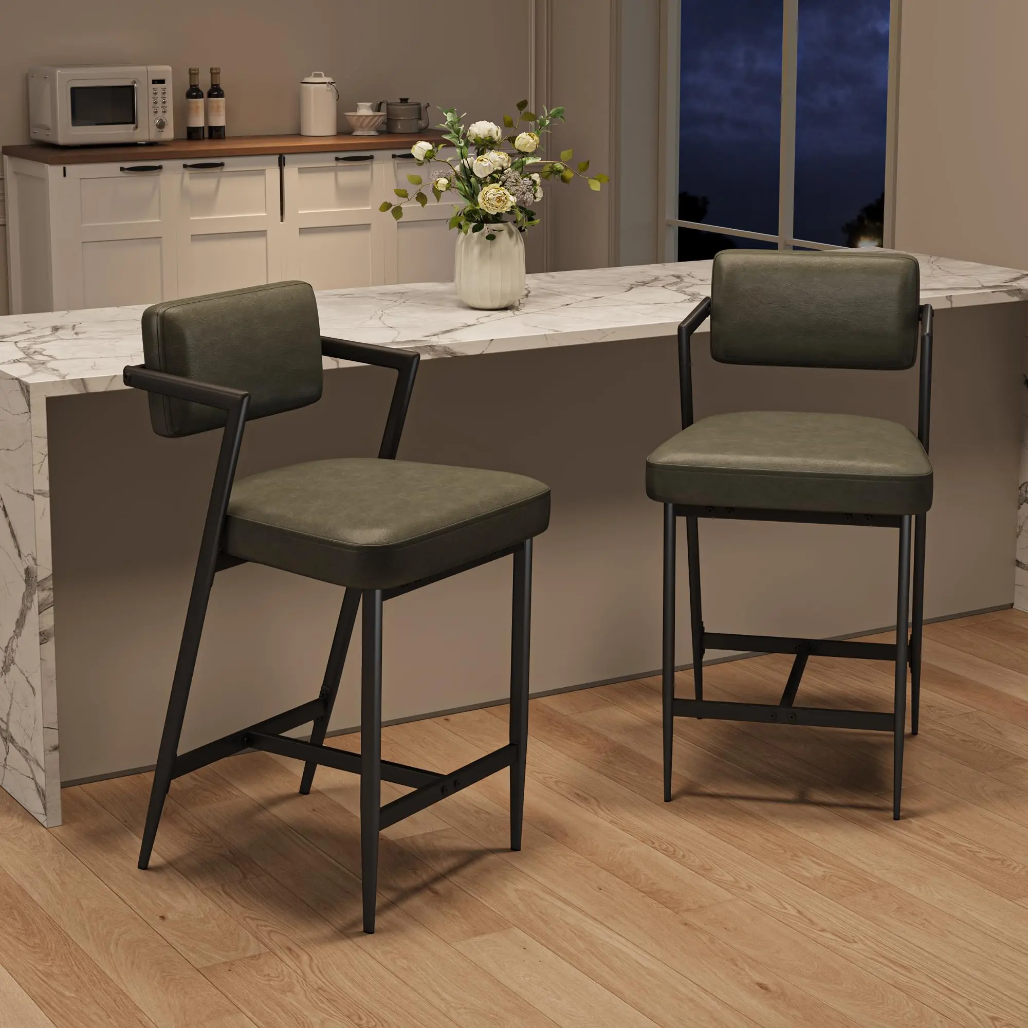 Garvee 2-Piece Armless Farmhouse Bar Stools, PU Leather Upholstered 26.8" Counter Height Chairs with 18.1" x 18.1" x 2.8" Padded Seat Plush Cushions & Backrest, Durable Metal Frame, 400 lbs Capacity for Kitchen Island, Commercial Bars