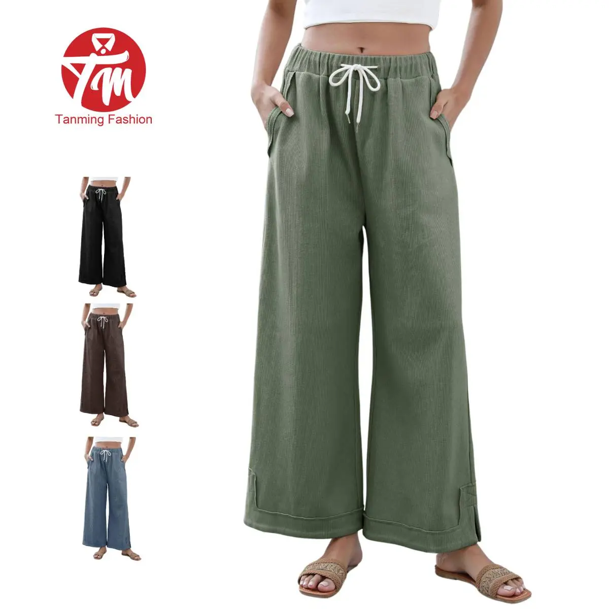 Tanming Women's Casual Palazzo Pants - Loose Fit Wide-Leg Bottoms with an Elastic Drawstring Waist, Pockets & Side Slit, Casual Elastic Waisted, Basic, Drawstring Pants, Loose Pants