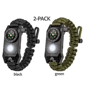 Survival Bracelets 2-PACK (Black and Green) with Compass/Smart LED Light/Tinder Starter/Whistle/Paracord and more (6-in-1 tool).