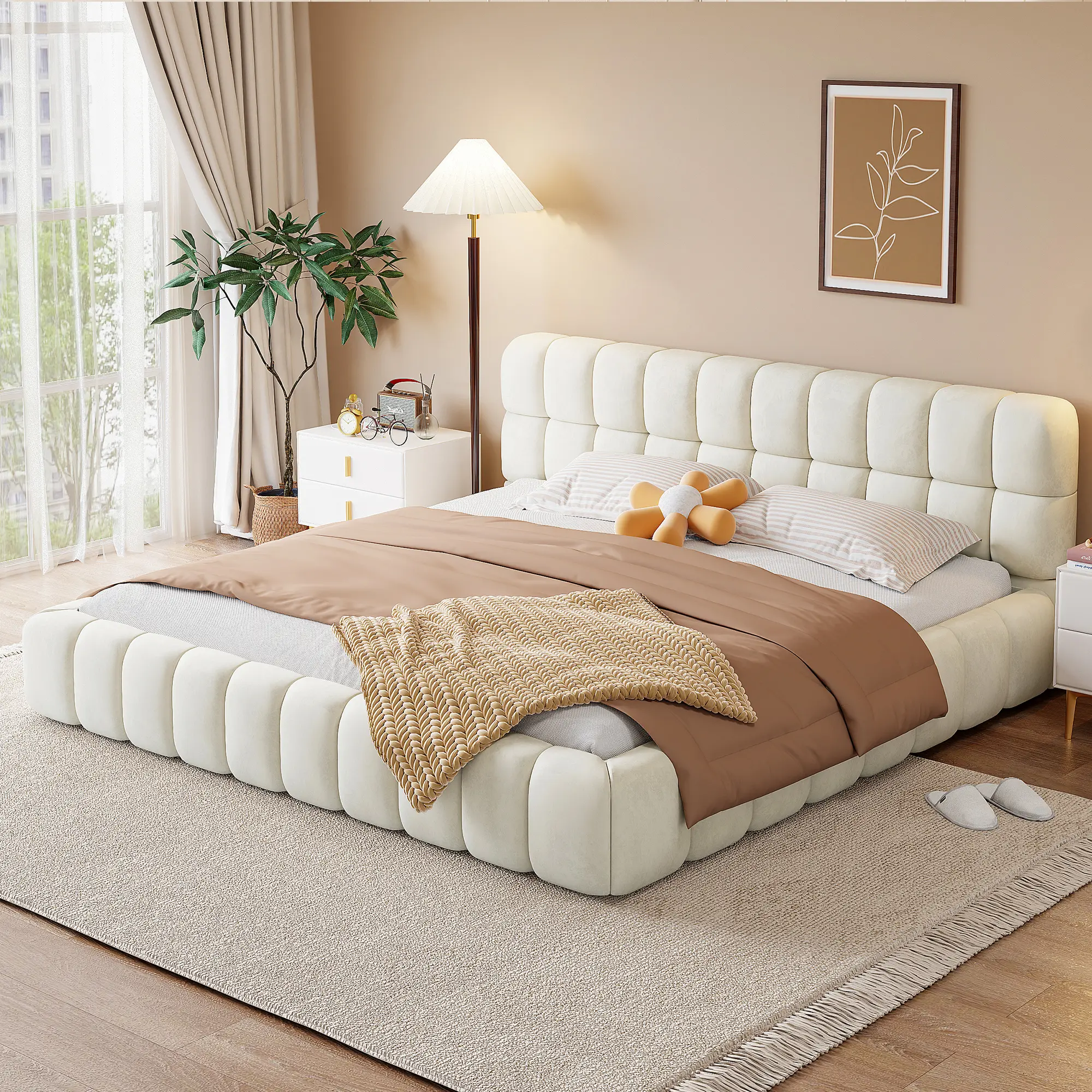 King Size Upholstered Platform Bed Frame - Linen Fabric with Unique Prints, Grounded Aesthetic, Solid Sturdy Construction, Bed Frame King Size, King Size Bed Frame