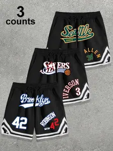 Men's 3-Pack Retro NBA Basketball Shorts - Allen 34 Iverson 3 Robinson 42 Print Black Athletic Shorts, Sportswear Clothing, Drawstring Waist Loose Fit, Breathable Summer Basketball Streetwear
