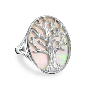 Oval Rainbow Abalone Family Wishing Tree Of Life Statement Ring .925 Sterling Silver