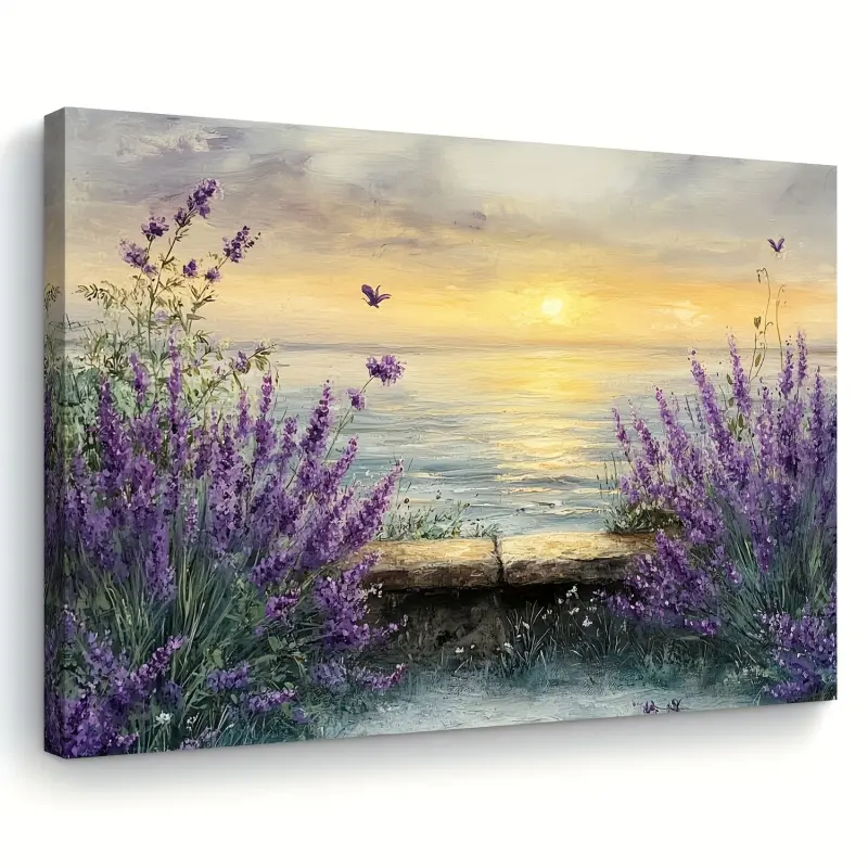 Lavender Sunset Coast Wooden Frame Canvas Wall Art - Modern Floral Seascape Painting, Purple Butterflies and Birds, Horizontal Indoor and Outdoor Decoration, Suitable for Living Room, Bedroom, Office - Perfect Housewarming Gift, High-Quality Printing, Nat