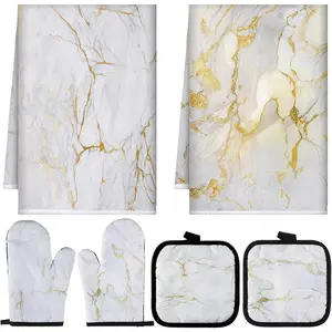 6 Pcs Farmhouse Marble Kitchen Towels Pot Holders Oven Mitts Set 2 Dish Towels 2 Potholders 2 Cooking Mittens Oven Glove for Cooking Baking Grilling Supply White Gold