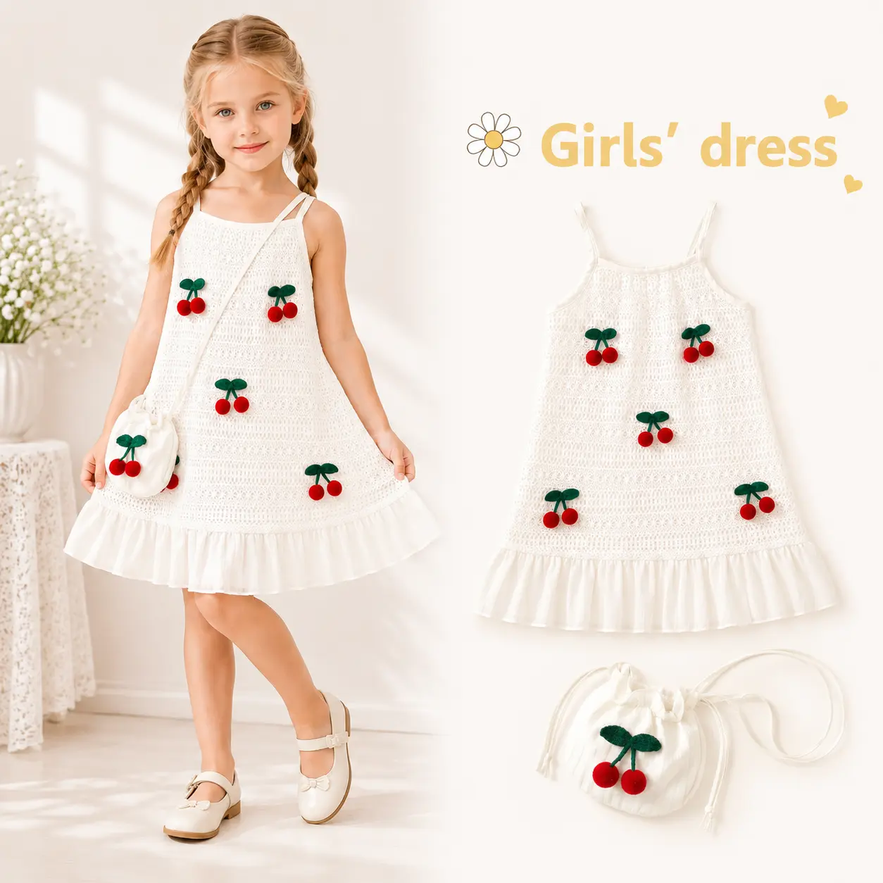 Toddler Girls' Off-Shoulder Cherry Print Dress, Crochet Knit Summer Outfit with Ruffle Hem and Matching Bag for Vacation and Parties, Fruit Print Dress