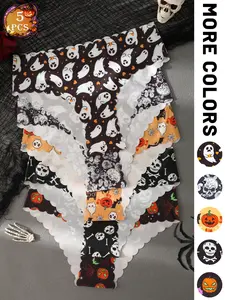 Women's Halloween Theme Panties Set, Casual Comfy Panties, Soft Comfy Panty, Pumpkin Skull Pattern, Heart Pattern Brief, Slim Fit Design, Comfortable Everyday Underwear, Ideal for All Seasons, Panty Set