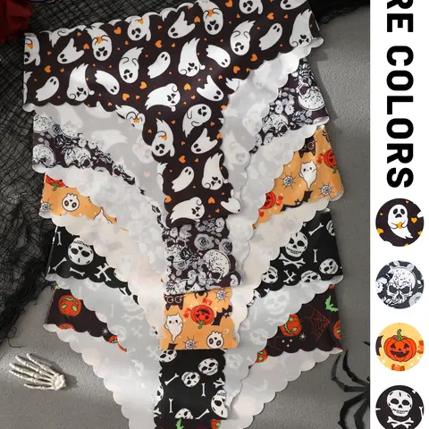Women's Halloween Theme Panties Set, Casual Comfy Panties, Soft Comfy Panty, Pumpkin Skull Pattern, Heart Pattern Brief, Slim Fit Design, Comfortable Everyday Underwear, Ideal for All Seasons, Panty Set, Soft Intimates