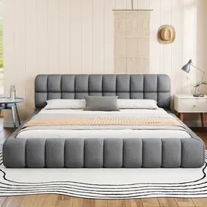 King Size Upholstered Platform Bed with Headboard and Thick Fabric, Linen Grounded Bed with Solid Frame with Sturdy Slats, No Box Spring Needed