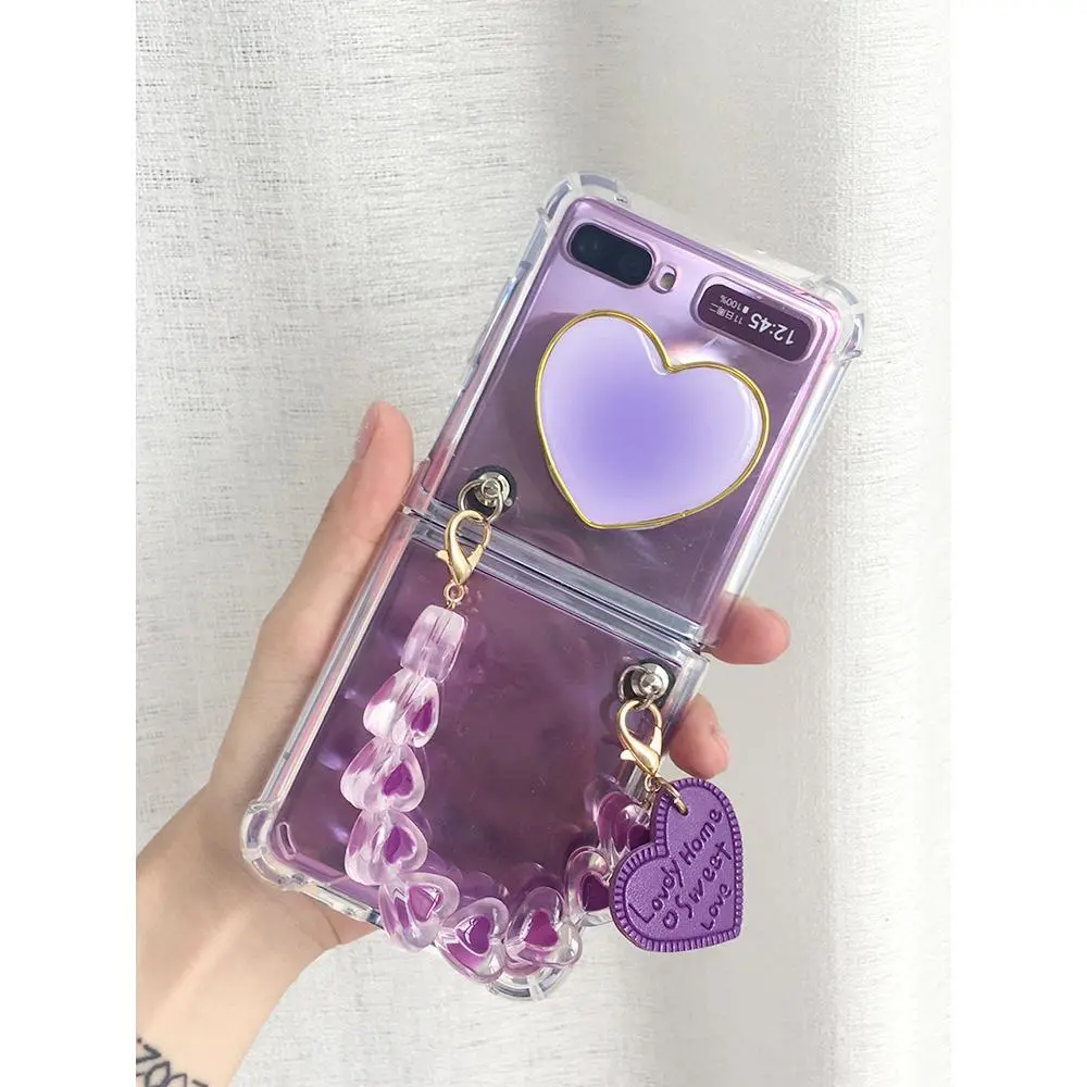 For Samsung Galaxy Z Flip 7 6 5 2 3 4 5G F7110 Unique Cute Heart Wrist Stand Holder Clear Phone Case Cover
