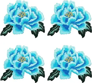 Peony Floral Embroidered Iron On/Sew On Patches Flower Repair Decorative Patch Applique for Clothes Denim Jackets T-Shirt Dress Backpacks Jeans Hats DIY Accessory, 2 Pairs/4PCS (Blue)