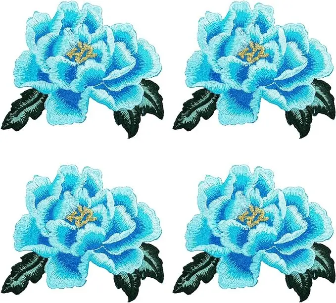 Peony Floral Embroidered Iron On/Sew On Patches Flower Repair Decorative Patch Applique for Clothes Denim Jackets T-Shirt Dress Backpacks Jeans Hats DIY Accessory, 2 Pairs/4PCS (Blue)