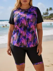 New European and American Style Plant Leaf Print Split Bikini Set, Women's Plus Size Beach Swimwear, Two-Piece Swimsuit for Ladies, Leaf Print Tankini, Tankini Bathing Suit