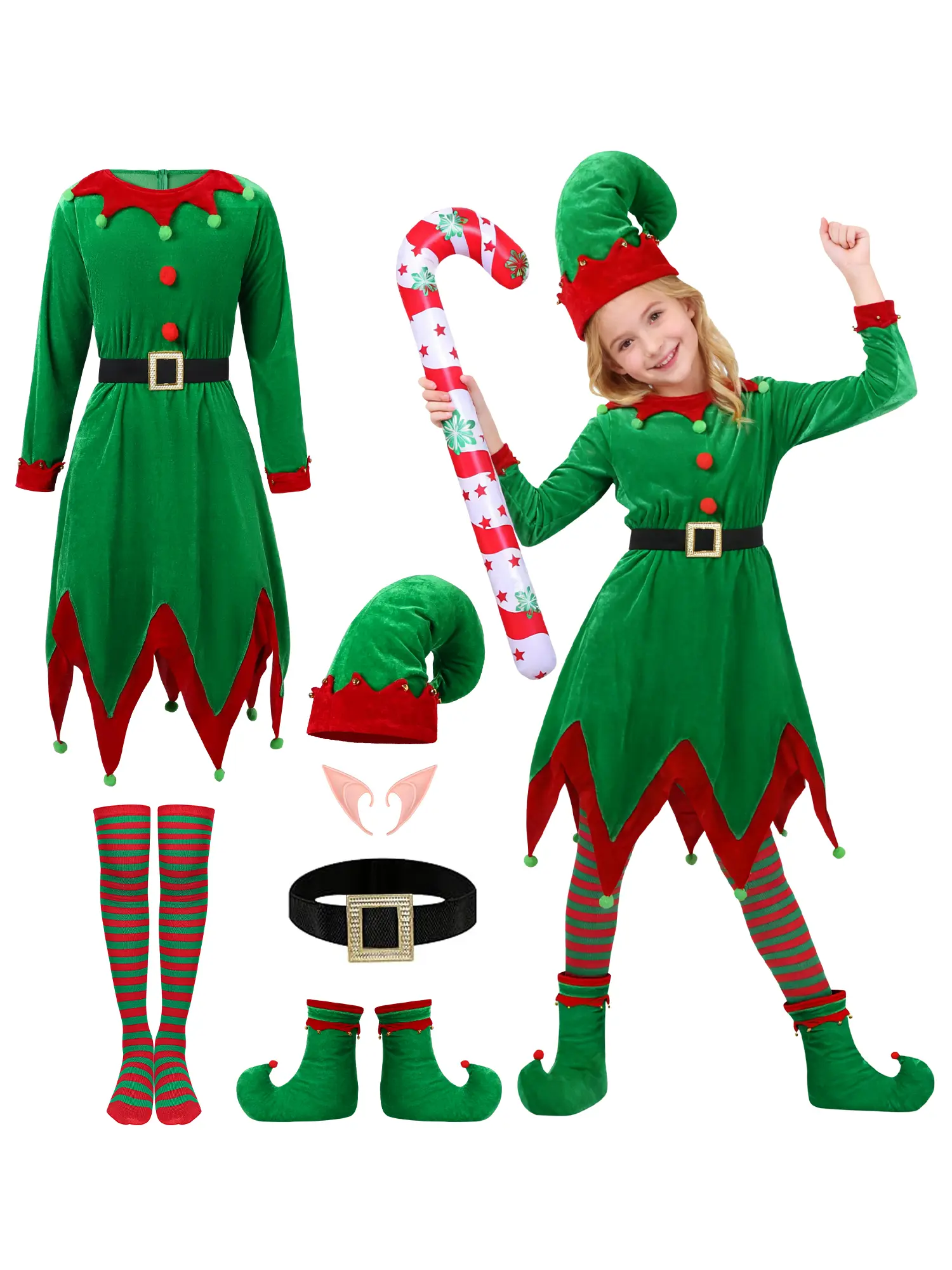 DISAUR Women's Elf Costume, 7-Piece Santa's Helper Velvet Dress Set with Hat, Striped Socks & Accessories for Christmas Holiday Parties, Candy, Clothes, Cute, Belt, Matching, Black